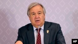 លោក Antonio Guterres អគ្គលេខាធិការ​អង្គការ​សហប្រជាជាតិ ថ្លែង​នៅ​ក្នុង​សន្និសីទ​មួយ​ក្នុង​ពេល​ចូលរួម​ក្នុង​កិច្ចប្រជុំ​កំពូល​អាស៊ាន ក្នុង​ក្រុង Nonthaburi ប្រទេស​ថៃ កាលពី​ថ្ងៃទី៣ ខែវិច្ឆិកា ឆ្នាំ២០១៩។