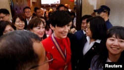 捷克众议院议长马克塔·佩卡洛娃·阿达莫娃（Marketa Pekarova Adamova）2023年3月28日赴台湾立法院演说。（路透社）