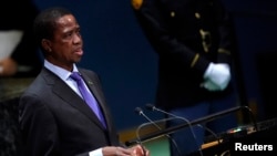 FILE - Zambia's President Edgar Lungu addresses the 74th session of the United Nations General Assembly at U.N. headquarters in New York City, New York, Sept. 25, 2019. 