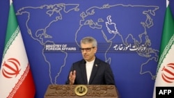 FILE - Iran's foreign ministry spokesman Esmaeil Baghaei holds a weekly press conference in Tehran on Oct.28, 2024.