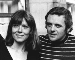 FILE - British actress Diana Rigg and actor Anthony Hopkins attend the opening night of "Macbeth" at the National Theater, London, Sept. 20, 1972.