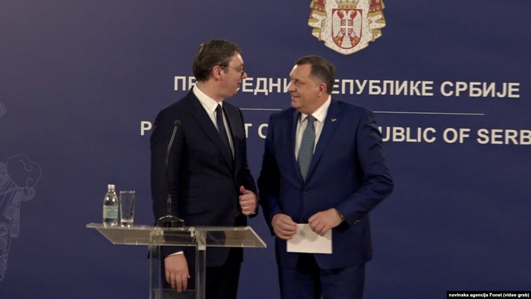 Predsednik Aleksandar Vučić sa predsedavajućim Predsedništva BiH Miloradom Dodikom, Foto: video grab