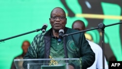 Former South African President and leader of the MK Party Jacob Zuma addresses supporters during the People’s Mandate Launch at Orlando Stadium in Soweto, May 18, 2024.