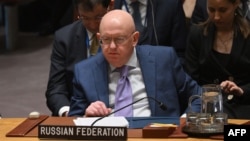 Russian U.N. Ambassador Vasily Nebenzya listens during a Security Council vote on a Gaza cease-fire and hostage deal at United Nations headquarters in New York on March 22, 2024. Russia and China vetoed the U.S.-led resolution.