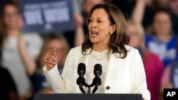 Calon presiden dari Partai Demokrat, Wapres Kamala Harris, berpidato di sebuah rapat umum kampanye di kota Romulus, Michigan, 7 Agustus 2024. 