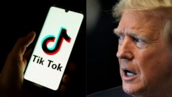 Foto kombinasi logo TikTok dan Presiden terpilih Donald Trump di New York, 30 Mei 2024. (Foto: Antonin UTZ and Seth Wenig/AFP)