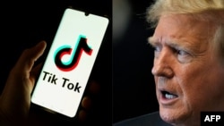 FILE - This combination of photos created on June 2, 2024, shows a smartphone displaying the TikTok logo on April 19, 2024, and U.S. President-elect Donald Trump in New York on May 30, 2024.