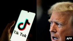 (FILES) (COMBO) This combination of pictures created on June 2, 2024 shows a man holding a smartphone displaying the logo of Chinese social media platform Tiktok in an office in Paris on April 19, 2024 and former US President and Republican presidential c