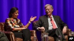 Former national security advisers Susan Rice, left, and John Bolton take part in a discussion on global leadership at Vanderbilt University, Feb. 19, 2020, in Nashville, Tenn.