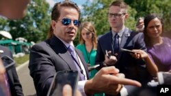 FILE - White House communications director Anthony Scaramucci speaks to members of the media at the White House in Washington, July 25, 2017.