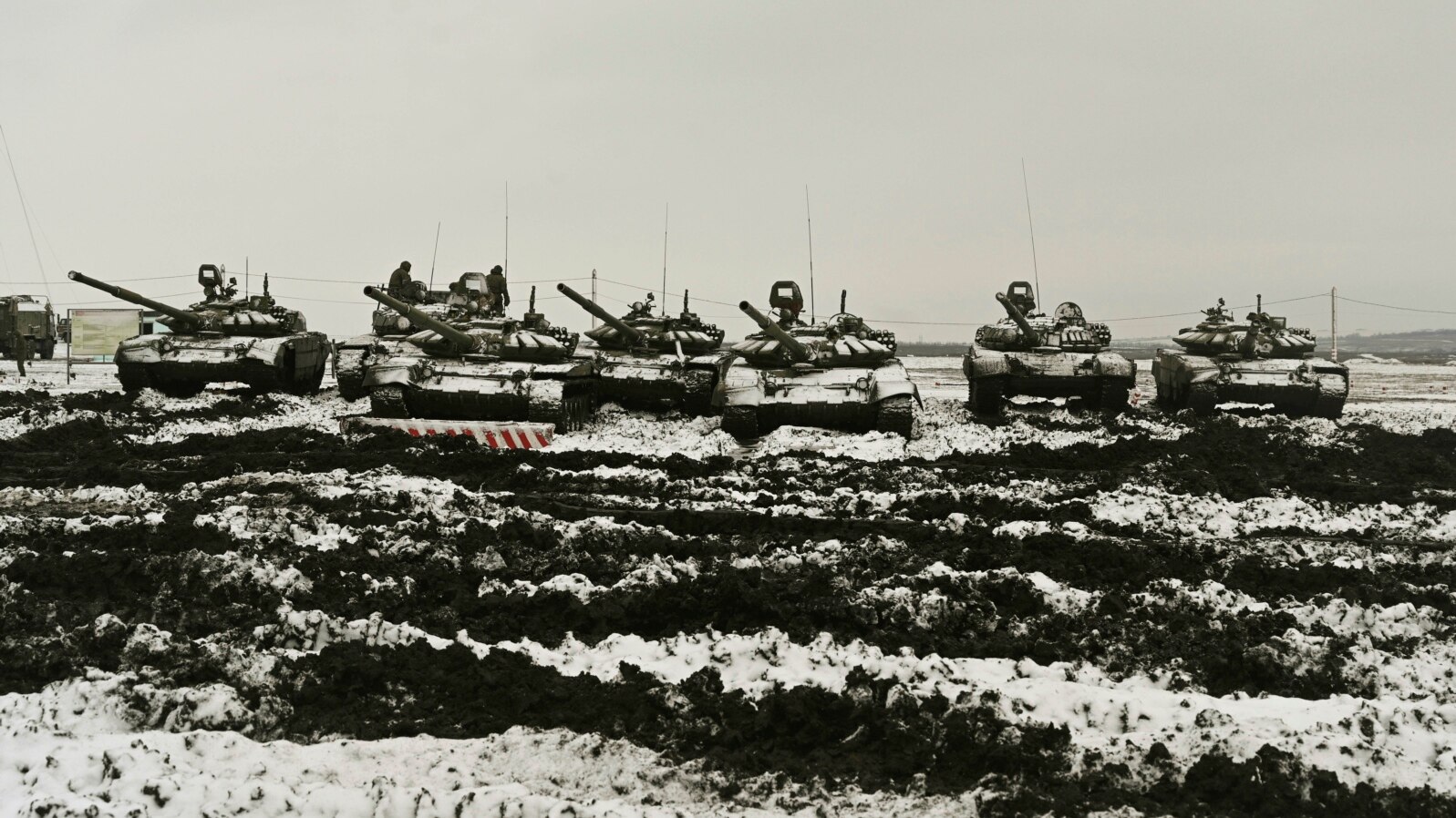 Russian T-72B3 tanks take part in drills at the Kadamovskiy firing range in the Rostov region in southern Russia, Jan. 12, 2022. 