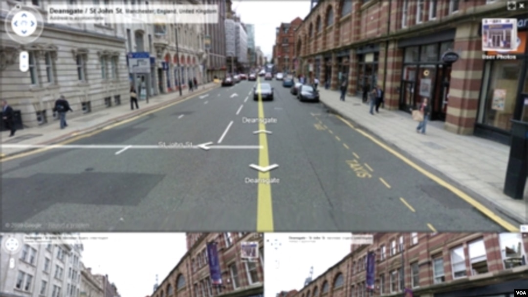 Foto jalan-jalan dan bangunan di kota Manchester, Inggris ini diperoleh dengan memakai aplikasi "Street View" dari Google.