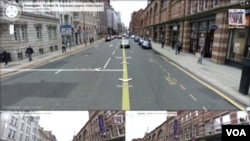 Foto jalan-jalan dan bangunan di kota Manchester, Inggris ini diperoleh dengan memakai aplikasi "Street View" dari Google.