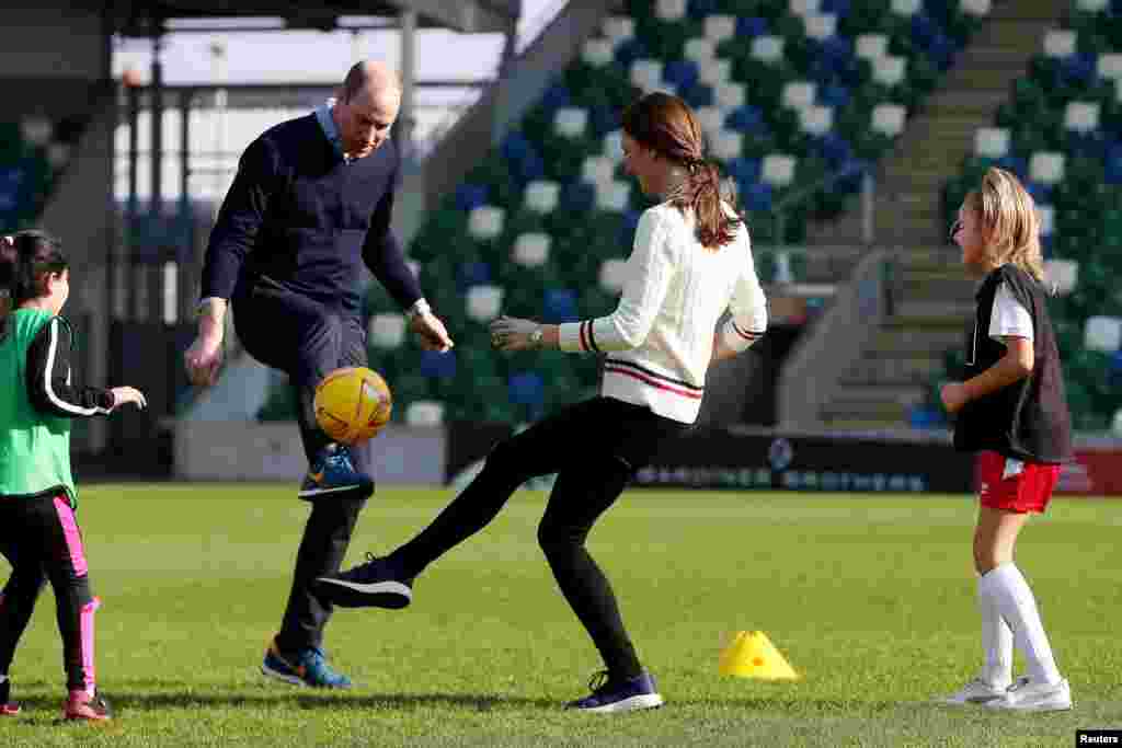 Britain&#39;s Prince William and Catherine, Duchess of Cambridge visit the National Stadium Belfast, home of the Irish Football Association, in Belfast, Northern Ireland.