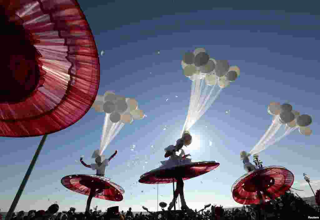 Artists perform during the Carnival parade in Nice, France. The 129th Carnival of Nice runs from February 15 to March 6 and celebrates the &quot;King of the Five Continents&quot;.