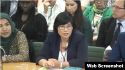 영국에 난민 지위로 정착한 탈북민 박지현 씨가 영국 의회 청문회에서 증언하는 모습