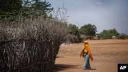 FILE - In this Dec. 19, 2017 photo, a Somali girl walks near a fence surrounding a hut at Dadaab refugee camp.