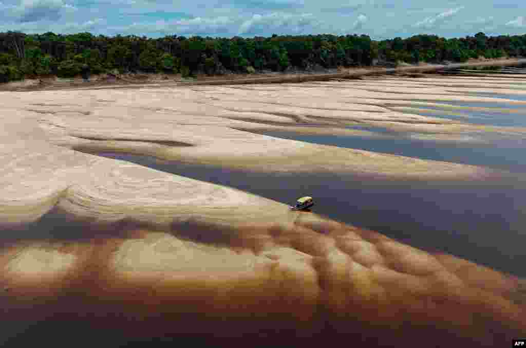 Aerial view of a sandbank on the bed of the Negro River, in the Anavilhanas Archipelago, in Novo Airao, Amazonas state, northern Brazil, Oct. 1, 2024. 