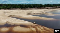 FILE - Aerial view of a sandbank on the bed of the Negro River, in the Anavilhanas Archipelago, in Novo Airao, Amazonas state, northern Brazil, Oct. 1, 2024.