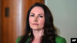 Online safety advocate Sonya Ryan attends a press conference at Parliament House in Canberra, Australia, on June 15, 2021.