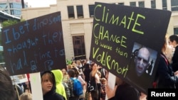 Protesters demanding action on climate change gather at Te Ngakau Civic Square in Wellington, New Zealand, March 15, 2019. 