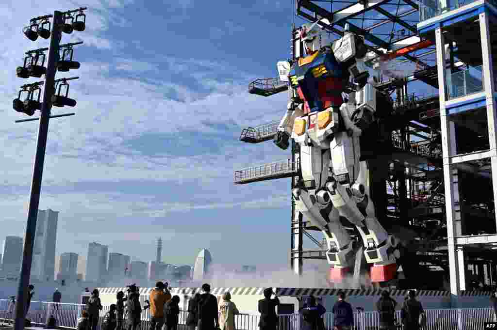 A Gundam robot is displayed at the Gundam factory in Yokohama, Kanagawa prefecture, Japan. (credit: SOTSU.SUNRISE)