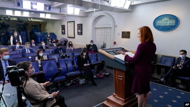 White House press secretary Jen Psaki speaks during a press briefing at the White House, Tuesday, Feb. 9, 2021, in Washington. (AP Photo/Patrick Semansky)