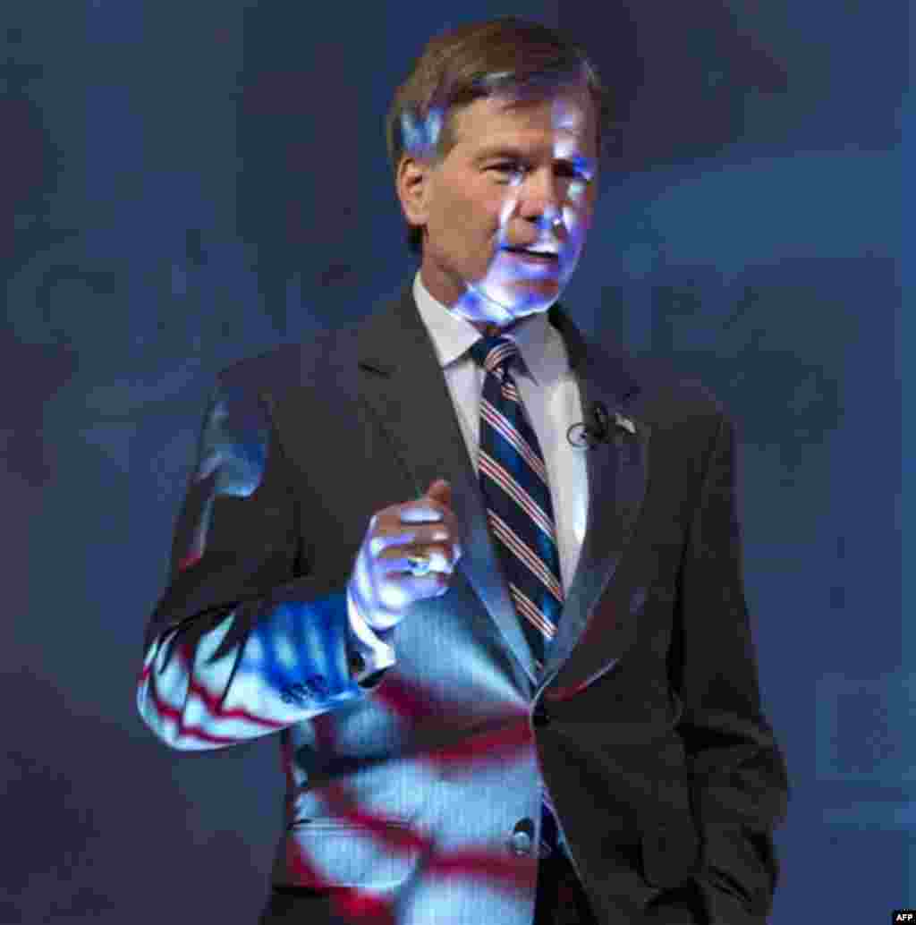 Virginia Gov. Robert McDonnell is bathed in red, white and blue stage lighting as he addresses the Conservative Political Action Conference (CPAC) in Washington, Friday, Feb. 10, 2012. (AP Photo/J. Scott Applewhite)
