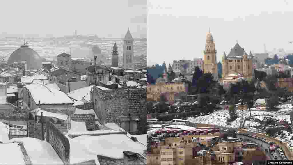 Snow over Jerusalem (L) c. 1898-1946, by American Colony Photo Department or its successor, the Matson Photo Service, (R) 11 Jan. 2013. CC/Yair Haklai.