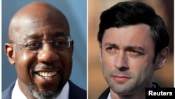 Democratic U.S. Senate candidates Rev. Raphael Warnock and Jon Ossoff are seen in a combination of file photographs.