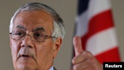 Rep. Barney Frank (D-MA) gestures while speaking at a news conference in Newton, Massachusetts, November 28, 2011.