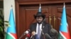 South Sudan President Salva Kiir, speaks during a press conference in Juba on July 9, 2021. According to his sister, journalist Alfred Angasi Dominic was arrested because he refused to read the reports on Kiir’s decrees.