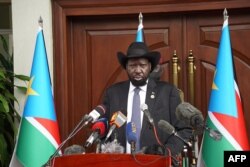 Le président du Soudan du Sud, Salva Kiir, lors d'une conférence de presse à Juba, le 9 juillet 2021.