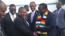 Filipe Nyusi, Presidente de Moçambique, e Emmerson Mnangagwa, Presidente do Zimbabwe e em exercício da SADC, à chegada a Harare, 20 novembro 2024 (Columbus Mavhunga/VOA)