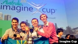 Team quadSquad from Ukraine celebrates getting first place at Imagine Cup 2012 in Australia.