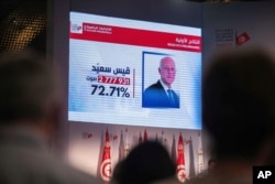 FILE - Tunisia’s electoral body says official preliminary results show that conservative, Islamist-backed law professor Kais Saied has largely won the presidential election, Oct. 14, 2019.