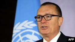 FILE - UN Undersecretary-General for Political Affairs Jeffrey Feltman speaks during a press conference in the Libyan capital Tripoli on Jan. 10, 2018.