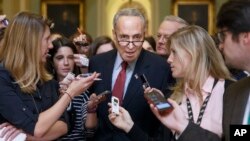 El senador demócrata, Chuck Schumer, es abordado por los periodistas a la salida de una reunión de su partido para tratar los temas legislativos, incluyendo el migratorio.