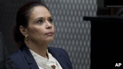 FILE - Guatemala's former Vice President Roxana Baldetti attends her hearing inside a courtroom in Guatemala City, Aug. 24, 2015.