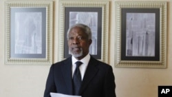 UN-Arab League envoy Kofi Annan reads a statement after his meeting with Syria's President Bashar al-Assad in Damascus, March 11, 2012. 