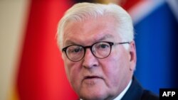 FILE —German President Frank-Walter Steinmeier attends a press conference at the Presidential palace in Bratislava on September 2, 2021.