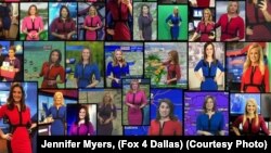 Here is a photo of meteorologists wearing the same dress in different colors. The appeal of the dress was simple. It looks good on television and cost less than $23.