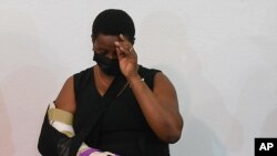 The widow of slain President Jovenel Moise, Martine Moise, attends a ceremony in remembrance of her husband at the Hotel Roi Christophe in Cap-Haitien, Haiti, July 22, 2021.