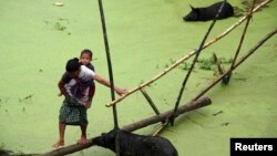 A villager carrying a child crosses a flooded area in the Jorhat district, in the Indian state of Assam, August 25, 2014, where the latest heavy rains have caused landslides and floods.