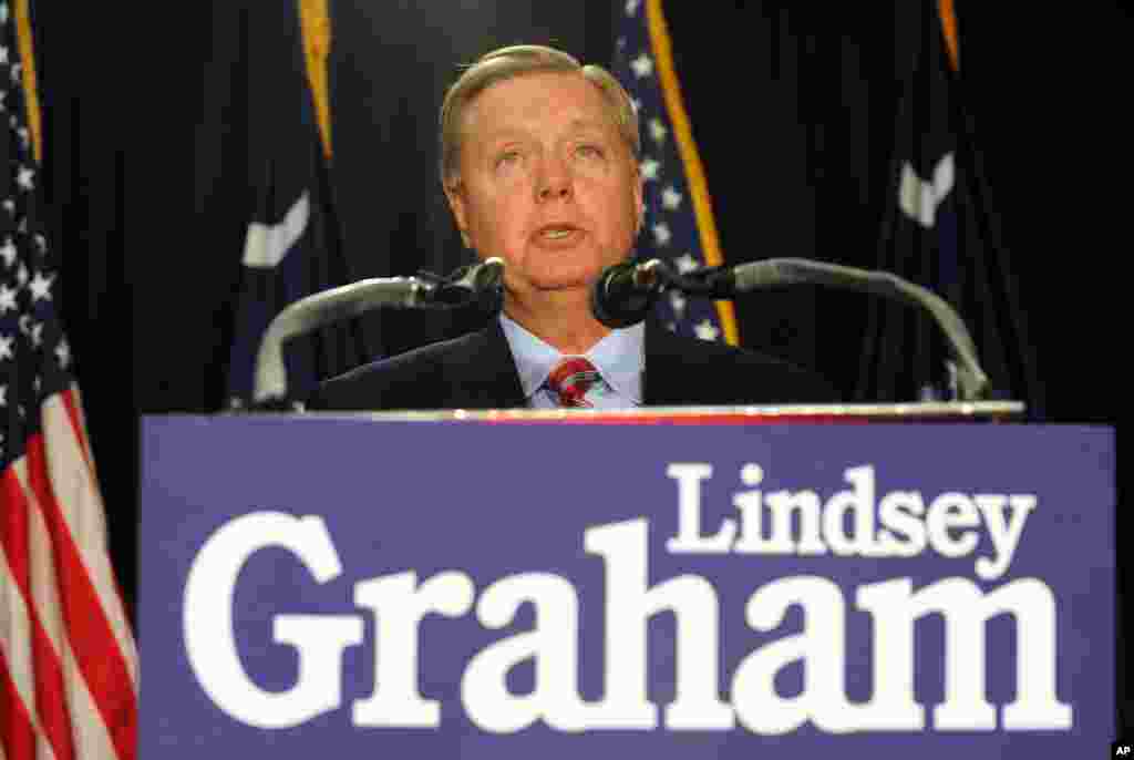 In South Carolina, Republican Lindsey Graham speaks to supporters in Columbia after his re-election, Nov. 4, 2014.