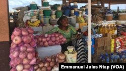 Des oignons, l’un des produits agricoles des agro-alimentaires exposés au marché dans la région du sud, à Kyé Ossi, le 6 avril 2019. (VOA/Emmanuel Jules Ntap)