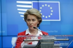 President of European Commission, Ursula Von der Leyen, gives a press conference at the European Council building in Brussels, on March 17, 2020.