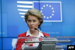 President of European Commission, Ursula Von der Leyen, gives a press conference at the European Council building in Brussels, on March 17, 2020.
