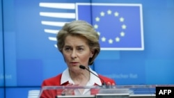 President of European Commission, Ursula Von der Leyen, gives a press conference at the European Council building in Brussels, on March 17, 2020. 