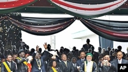 African leaders including indicted Sudanese President Omar al-Bashir joined tens of thousands of Kenyans when Kenyan President Mwai Kibaki to signed the new constitution into law, Nairobi, 27 Aug 2010